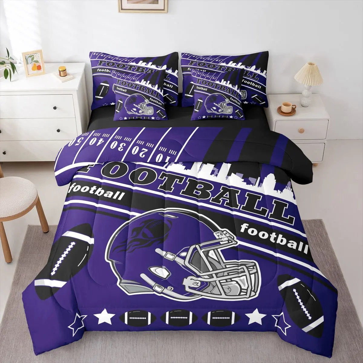 Feelyou 7-Piece Football Motif Bedding Set, Baltimore Theme Breathable Soft Multi-Size Bed-in-A-Bag with Comforter, Sheets, Pillowcases & Cushion Cover for Sports Lovers, Bedding Sets For Sports Lovers