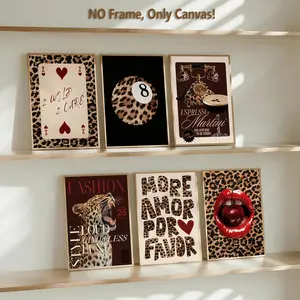 6 count framless canvas poster, Canvas Prints, frameless, black luxury cool element theme group map, Leopard poster, Leopard Print Design, retro, fashion art & home decoration, corridor wall decor, HD