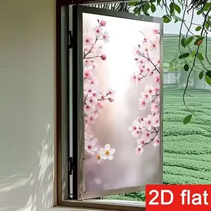 Cherry Blossom Pattern Pet Privacy Window Film, Anti-Spy Static Adhesive Colorful Glass Film, Multi-Functional Easy Installation