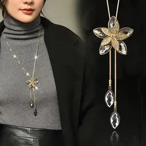 Gray Fashionable Elegant Marquise Flower Pendant Long Sweater Chain with Artificial Crystals - Fashion Statement, Marquise Cut, Sparkle Bedazzled Costume Jewelry Necklaces, Fashion Statement Necklaces, Marquise Cut Necklaces