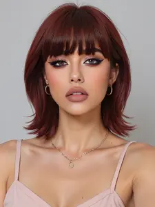 12 Inch Curly Short Wig with Bangs, Wine Synthetic Fiber, Natural Look, Big Top Design, Easy Care, Suitable for All Ages, Soft Synthetic Hair