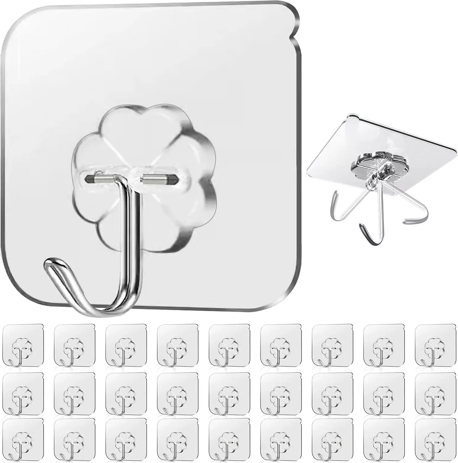 30 Large Stainless Steel-Ceramic Hangable Hooks - Rustproof, Transparent Acrylic Easy-Stick Adhesive, 20kg Weight Capacity, for Smooth Home Organiser Surfaces (Kitchen, Bathroom) Ideal for College Students (Photo, Plant Hanging)