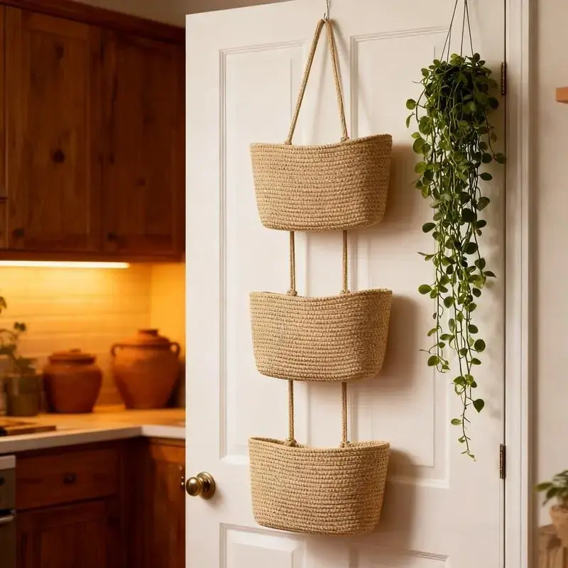 3-Tier Hangable Over the Door Woven Cotton & Jute Storage Basket - Wall-Mounted Nursery Organizer for Baby Diapers, Toys, Boho Decor Shelf, Baby Shower Gift for New Parents, Storage Baskets