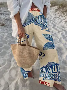 Women's Spring Summer Break Fashion Casual Comfortable Fish Print Pattern Pocket Detail Pants, Bohemian Holiday Style