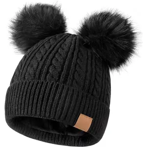 Beanies Women with Double Pom Pom, Winter Hats for Women Cold Weather Warm Cable Knit Fleece Lined, Cute Beanie Cap for Daily Use(Black)