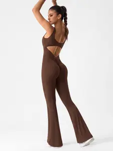 Stylish Women's One-Piece Backless Flared Pants Yoga Outfit，2-in-1 Set，Minimalist Solid Color，Wide U-Back,Slimming & Hip Lifting，High Stretch, Breathable & Sweat-Wicking，Seamless Deep V Sports Bra，High Waist, Tummy Contro，Running，Fitness & Workout，