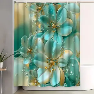 Elegant Blue Flower Shower Curtain Set, Floral, Includes Bath Mat, Toilet Lid Cover & U-Shaped Tray, Perfect Bathroom Decor Gift