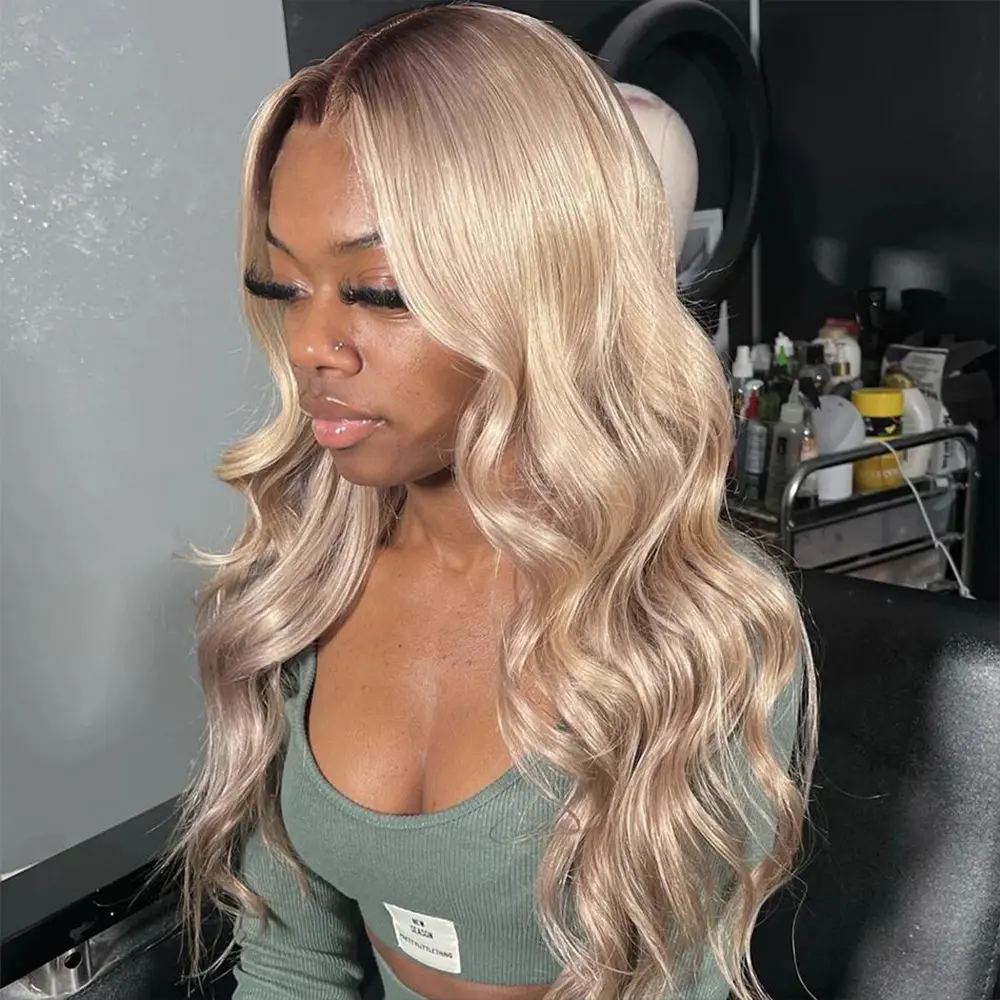Ombre Ash Blonde Body Wave Lace Frontal Drawstring Wig Real Human Hair Wig 13X6 HD Pre-Cut Lace Transparent Lace With Elastic Strap 180% Density Highlight Ash Blonde Milk Tea Colored Glueless Wig with Lagos Hairline for Women