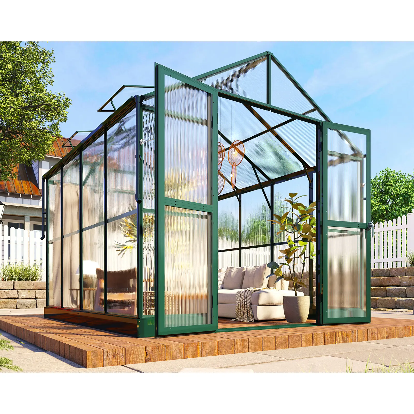 Outdoor Aluminum Polycarbonate Greenhouse with Ventilation System, Rain Gutter, Double Swing Doors conclude Hooks, Perfect Walk-In Solution for Backyard and Garden