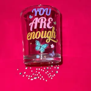 Customized Shot Glass with Inspirational "You Are Enough" Message Featuring Colorful Butterflies and Stars Design