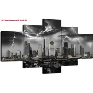 5pcs 2D flat Unframed wall decor,Cawpom Houston Wall Art Texas Houston Wall Decor Black and White City Pictures Canvas Print Storm Cityscape Painting Nature Lightning Strikes Poster Frame Home Living Room Decoration,Unframed