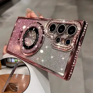 Phone Case - Suitable for Samsung for Galaxy S26 S25 S24 S23 S22 S21 Series, Edge Drill Ornament Gradient Flash Powder Paper with Bracket Mobile Phone Casing Protective Cover Lens Protective Film Appearance Level And Protection Dual on