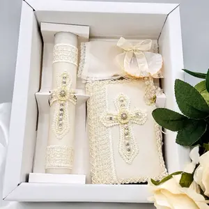 5pcs Candle Set, Velas para Bautizo 8”Candle, Rosary, New Testament & Decorative Elements in Box for Boys and Girls English & Spanish white