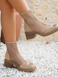 Nude Mesh Boots, Hollow Out Short Boots, Elegant Thick Heel, Metal Inlay Shoes, Light Color Summer Boots, Casual Style