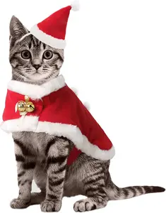 Christmas Cat Costume with Santa Hat & Red Cloak for Small Dogs & Cats Soft Polycotton Winter Warm Coat for New Year & Christmas Parties Adjustable Magic Tape