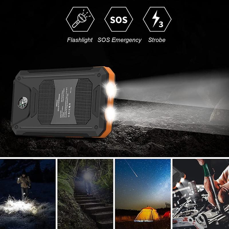 Solar Charger Power Bank 10000mAh Solar Phone Charger, Portable Charger Fast Charger Dual USB Ports Built-in LED Flashlight and Compass, IP65 Waterproof Portable Power Bank for Outdoor Activities-IP65 Waterproof Outdoor Phone Charger