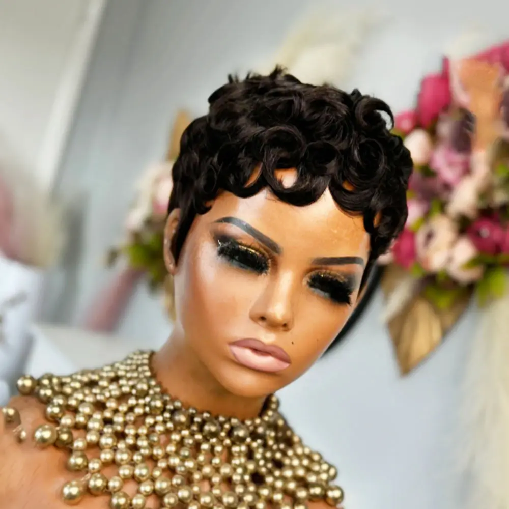 ShowRealHair 025 Pixie Cut Wig for Black Women Short Bomb Curly Wigs Brazilian Virgin Human Hair Short Curly Pixie Wigs Pixie Cut Layered Wig Natural