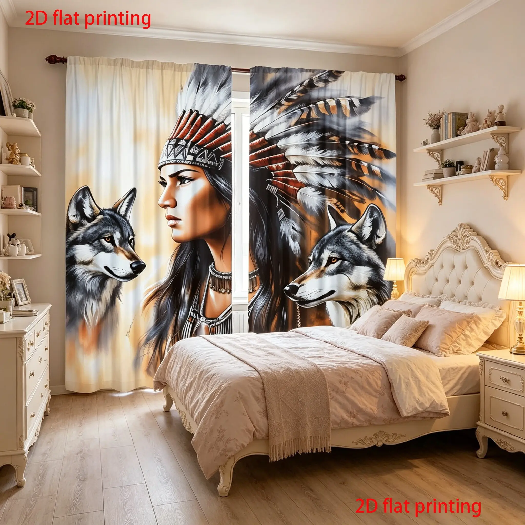 2-Piece Indian Tribe Wolf Print Curtains, Window Drapes, Polyester Fabric, Semi-Sheer Top Rod Pocket Design, Home Decor for Bedroom & Living Room