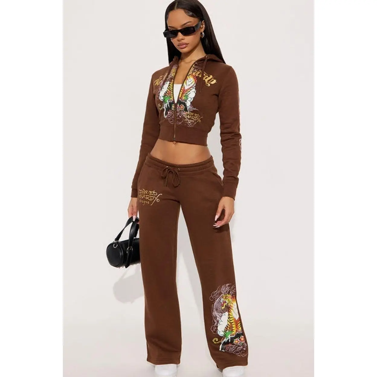 Women's Ed Hardy Tiger Peak Cotton Wide Leg Bottom Pant - Brown, Hoodie-Compatible Garment with Drawstring