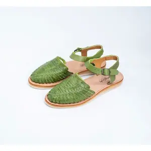 English Green Ankle Strap Sandals Huaraches Women's Natural Leather Shoes Mexican Style Woven Design Comfortable Footwear