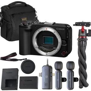 Canon EOS R50 V Mirrorless Camera Body | 4K Video, Dual Pixel AF, Flip Screen | Vlogging Kit w/ Wireless Lavalier Microphone Set, Octopus Flexible Tripod & Slinger Shoulder Bag
