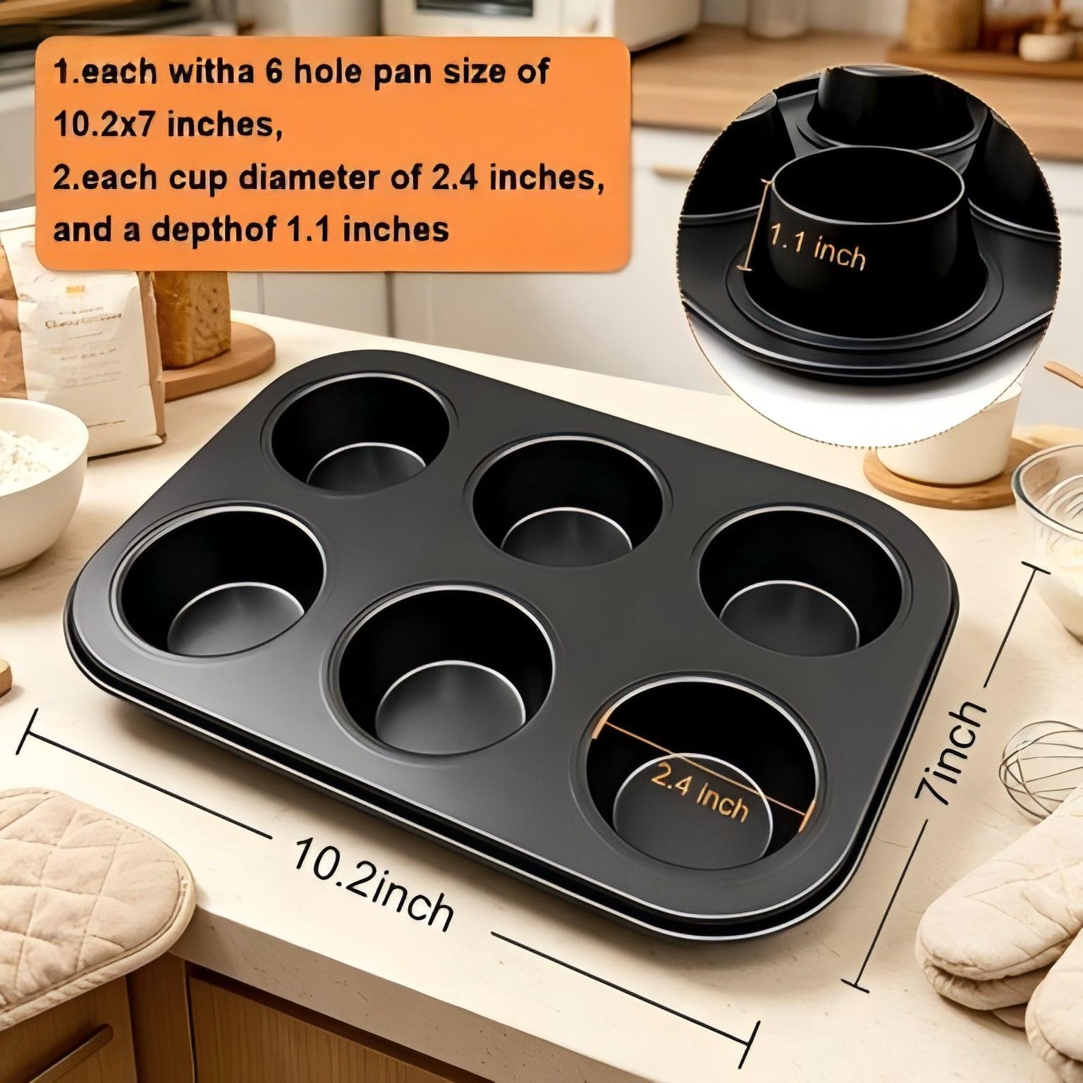 2-pack high-quality steel muffin baking pans, round baking trays suitable for muffins, cupcakes and brownies, black, 6-cup capacity.
