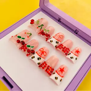 FY115-22-10 Pcs Handmade Duck Nails Cheery Bomb Set｜3D Cherry & Leopard Splatter｜Cheerleader Approved