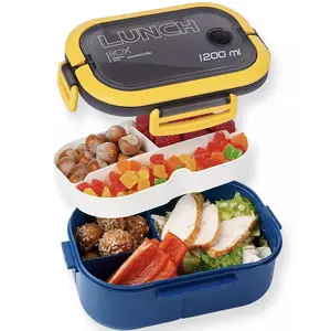 Double Layer Lunch Box with Compartments, Microwave Safe Reusable Plastic Food Container Set, Durable & Dishwasher Friendly, Ideal for School Work Use