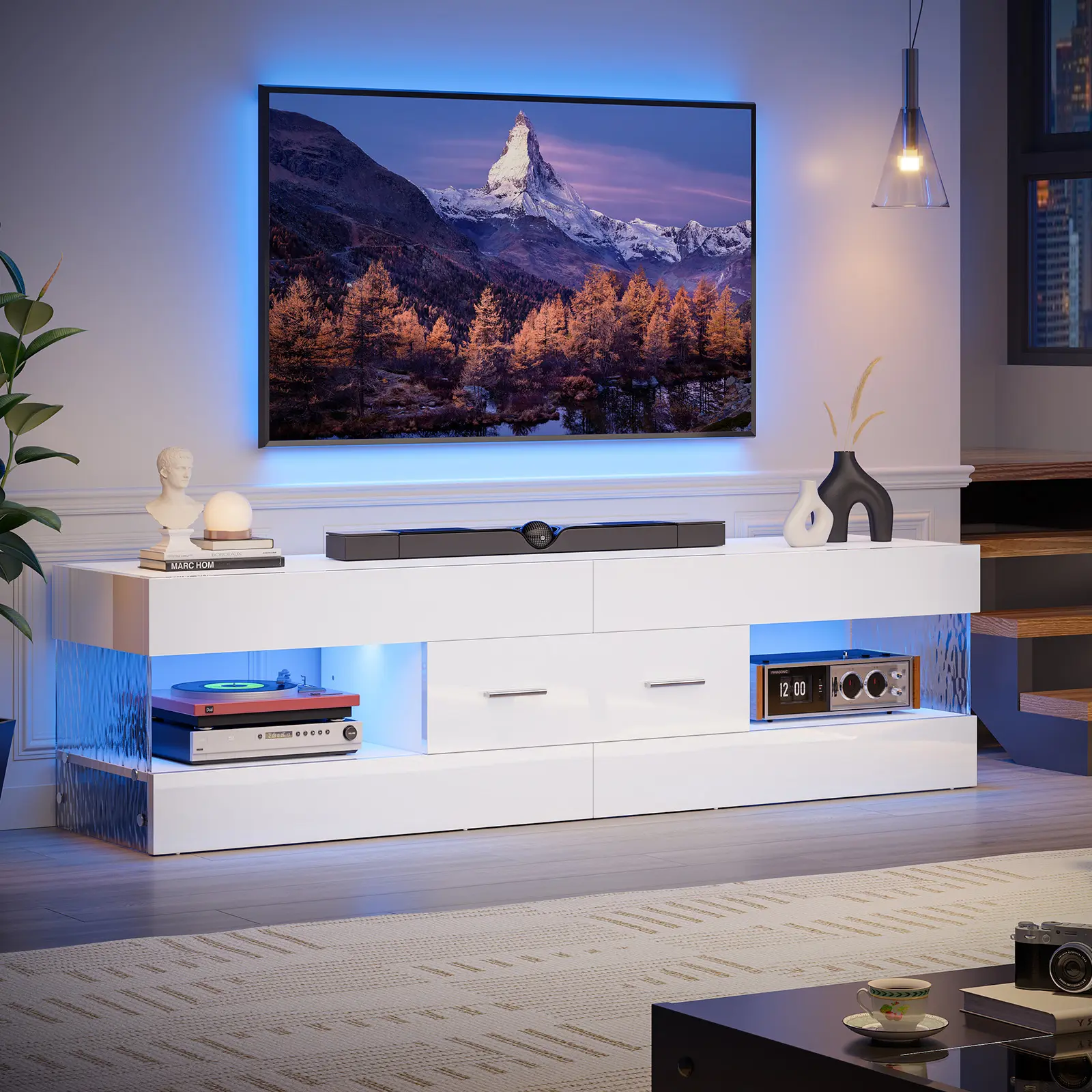 Bestier 60" High Gloss LED TV Stand with Storage Drawer, Modern Gaming Media Console with RGB LED Lights, Water Ripple Acrylic Side Panels, Fits Up to 65 Inch TV,  Entertainment Centerfor Living Room & Gaming Room