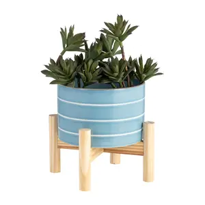 Sagebrook Home Ceramic Planter with Wooden Base - Contemporary Coastal Sky Blue and White Striped Design - Indoor or Outdoor