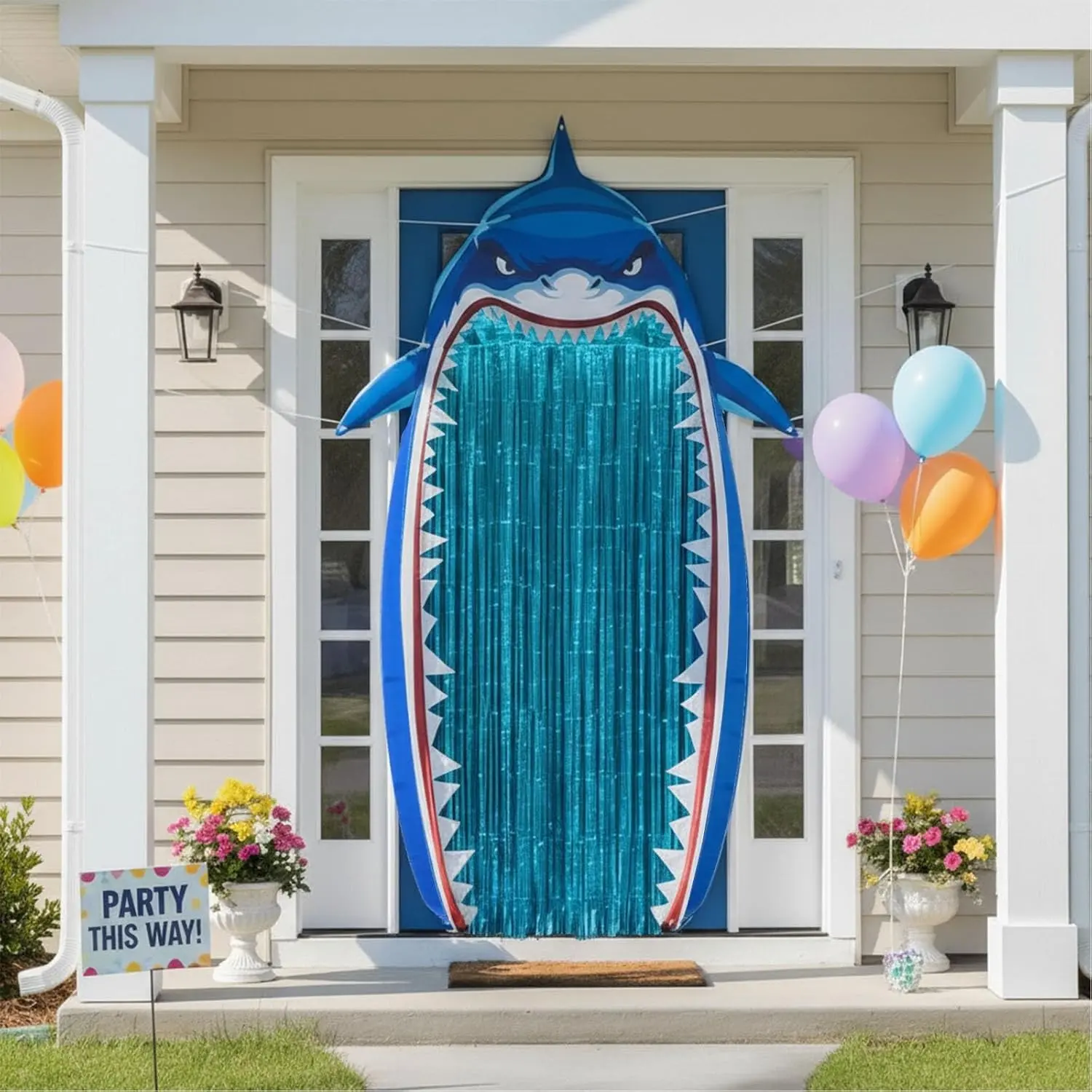 Shark Party Door Banner Decorations with Blue Foil Fringe Curtains | Ocean Theme Hanging Wall Decor for Birthday Party Decorations Entryway, Photo Backdrop & Event Venue Styling