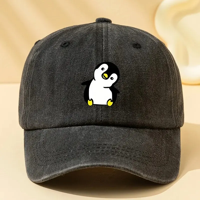 Unisex Poly-Cotton Retro Washed Penguin Cartoon Printed Baseball Cap - Visor Hat, Hand Wash Care, Suitable for Everyday Wear, Adventure Camping, Unisex Size