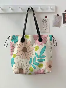 Floral Pattern 2D Printed Drawstring Tote Bag, Large Capacity Shopping Bag, Durable and Wear-Resistant, Ideal for Work, Shopping, Picnic