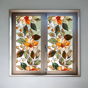 Stained Glass Window Film 45X100cm 17.71X39.37IN Static Cling No Glue Reusable Flower Pattern Decorative Film Home Decor for Restaurant Living Room Renovation Privacy Protection Translucent Window Sticker Floral pattern sticker Easy to