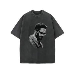 Washed, Malcolm X Black And White Portrait Pattern Printed T-Shirt, Spring And Summer Casual Men's T-Shirt, Round Neck Cotton Short-Sleeved T-Shirt, Thanksgiving Christmas Gift.