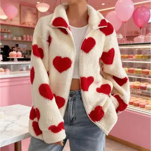 Women's Plush Heart Print Cardigan - Loose Long Sleeve Zip Jacket Autumn Winter Casual