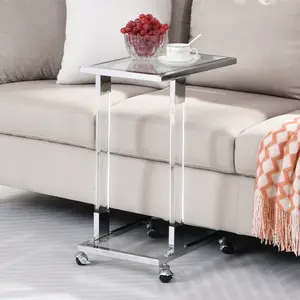 Tempered Glass End Table C Shaped Chrome Side Tables with Movable Wheels Acrylic Table Couch C Table Slide Under Sofa for Bedroom Living Room Furniture