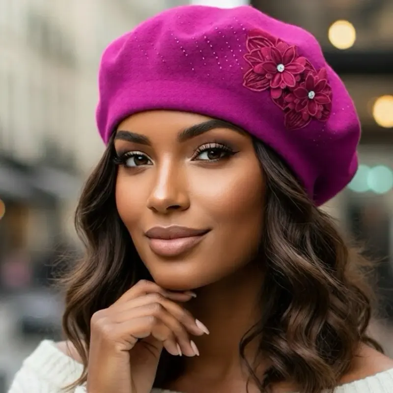 Wool Beret Winter Fuchsia Color with Rosette Embellishment for Stylish Warmth