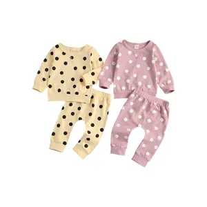 Newborn Baby Girl Two Piece Sweatsuit Polka Dot Print Sweatshirts Tops Pocket Jogger Pants Infant Toddler Girl Outfits 3 6 9 12 18 24 Months