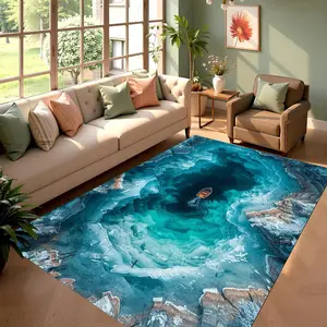 Ocean Wave Boat Rug Blue Sea Carpet Modern Coastal Beach Decor Living Room Floor Mat with Sand Edges and Boat Design Soft Decorative Area Rug for Sofa Bedroom Non Slip Backing Home Decor Fast Delivery Coastal Style