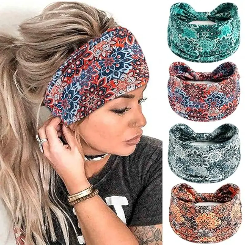 Wide Headband Boho Style Women's Fashion Accessory, Floral Printed Scarf, Flower Headband, Elastic Thick Wrap, Sports Yoga Headband, Cute Hair Accessories