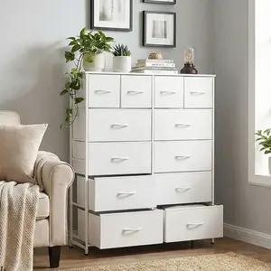 Tall Dresser with 12 Drawers, Steel Frame and Wood Top, Storage Organizer for Living Room, Hallway, Office