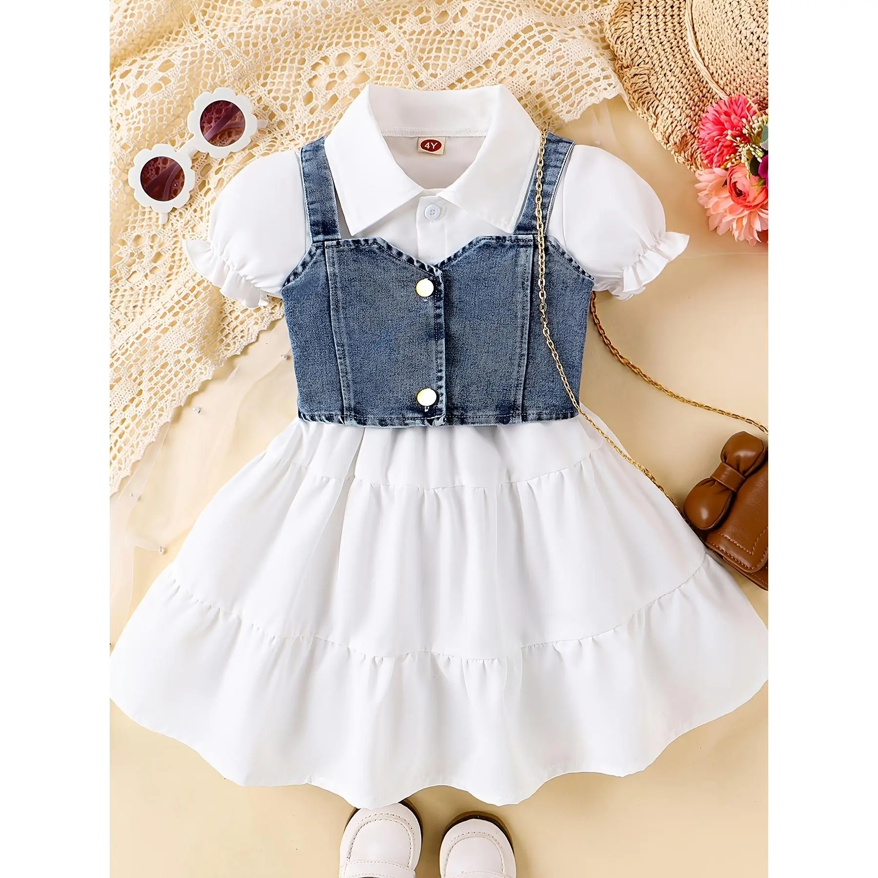 Girls' White Shirt Dress & Denim Cami 2pcs Set - Fresh Sweet & Cool Style, Eye-Catching Layered Design, Light Breathable Fabric, Waist-Fitted Silhouette, Perfect For Spring & Autumn, Girls' Outfits, Great For Daily Outings & Gatherings