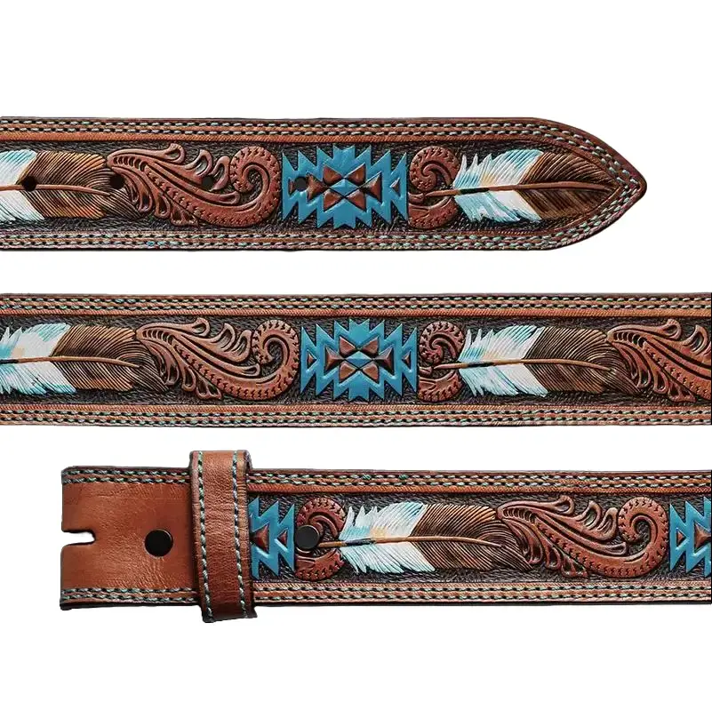 Feathered Indians Western Belt - Top Grain Leather, Hand-Painted, Aztec Pattern Fashion Accessory Belts