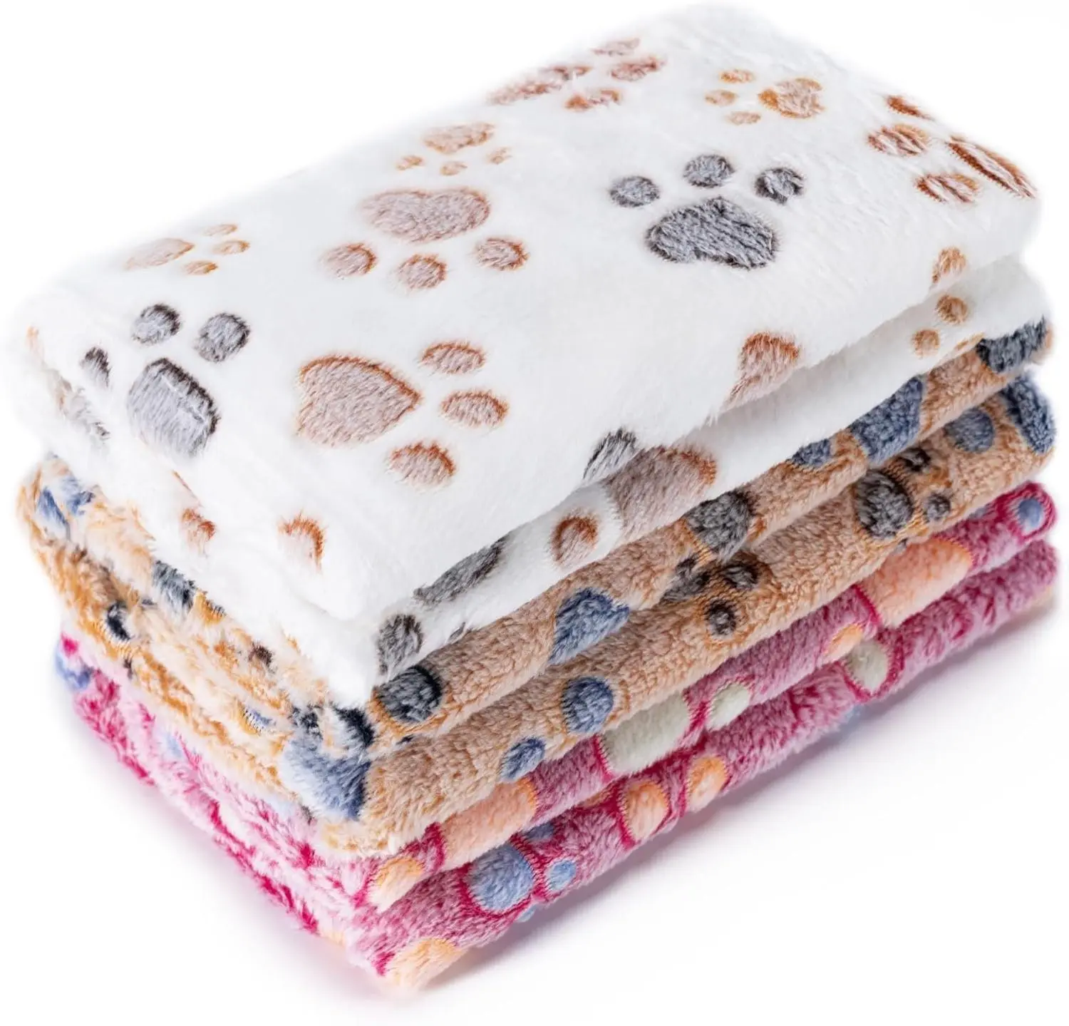 Premium Fleece Pet Blanket 3-Pack | Super Soft Fluffy Flannel Throw with Paw Print for Dogs & Cats | Small 23x16'' Brown, Pink & White | Machine Washable