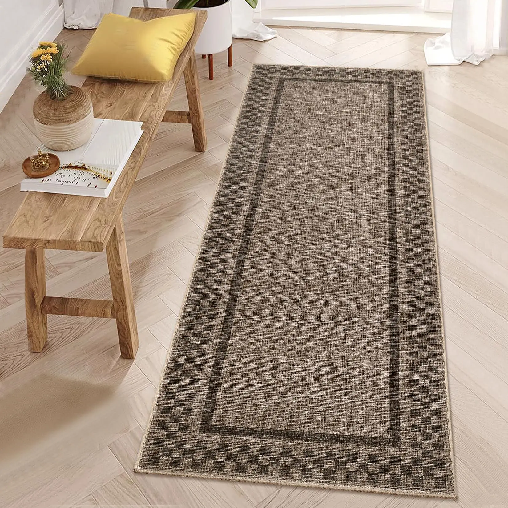 GARVEE Runner Rug 2x6 for Kitchen Non Slip Washable Hallway Runner Rugs Modern Bordered Bathroom Throw Mat Soft Non Shedding Checkered Runners Geometric Area Rug for Bedside Living Room, Brown