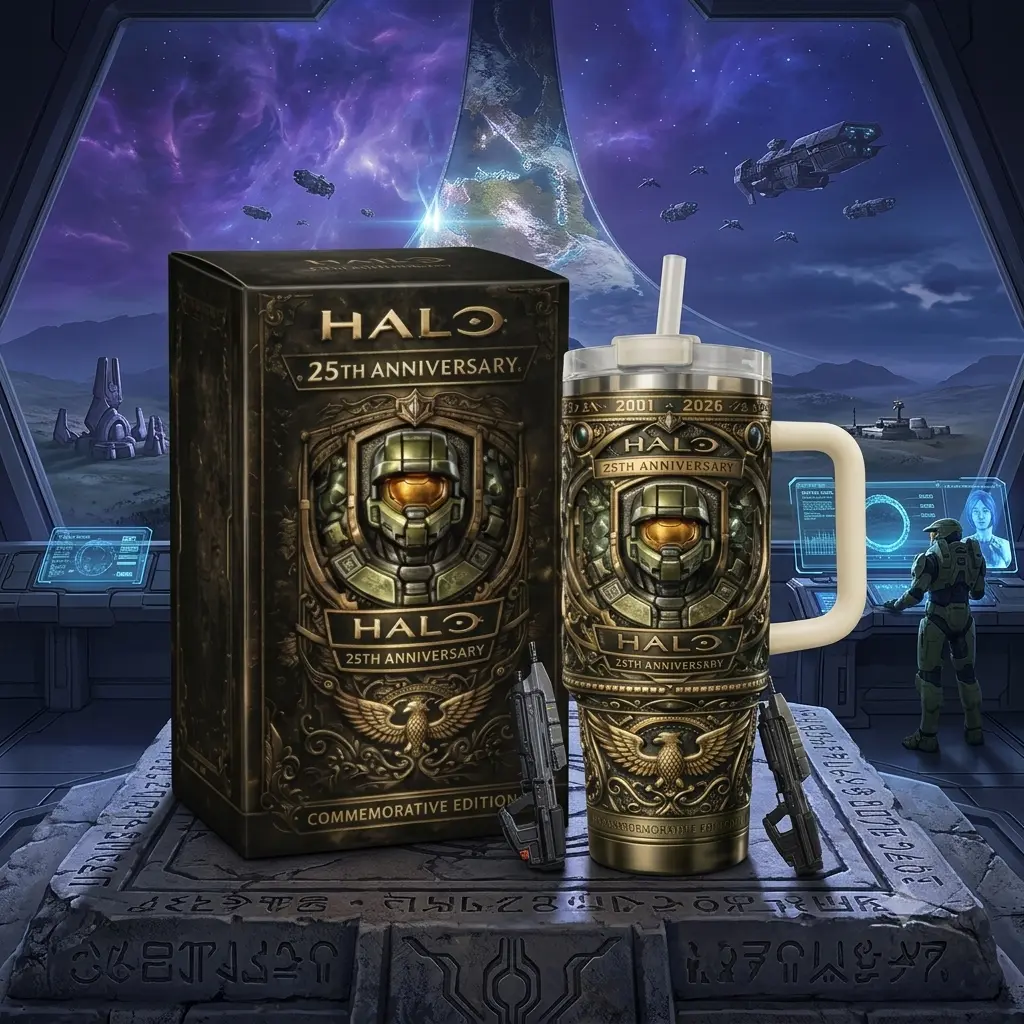 Halo 25th Anniversary Master Chief Commemorative 40oz Tumbler with Handle, Stainless Steel Travel Cup with Straw and Lid, Reusable Insulated Water Bottle, Gaming Drinkware, Travel Cup, Gamer Gift