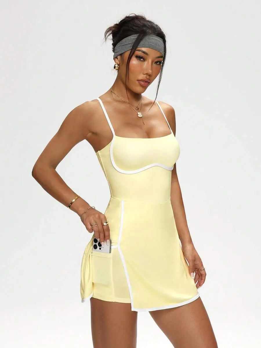 Women's Color Block Trim Split Strap Sports Dress, Breathable Quick-Dry Athletic Apparel for Gym, Running