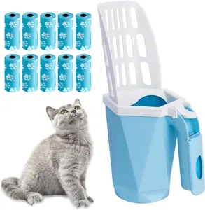 Scoop 'n Stash: Ultimate Cat Litter Scooper Set with Holder and 150 Refill Bags - Easy to Clean, Portable, Blue