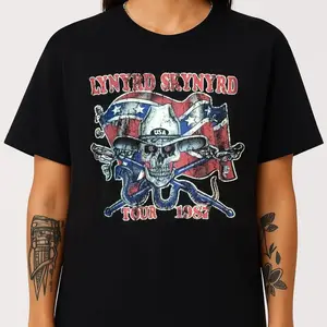 Men's Graphic T-Shirt, Vintage Lynyrd Skynyrd Rebel Skull Print, Cotton Short-Sleeve Round Neck Streetwear, Shortsleeve